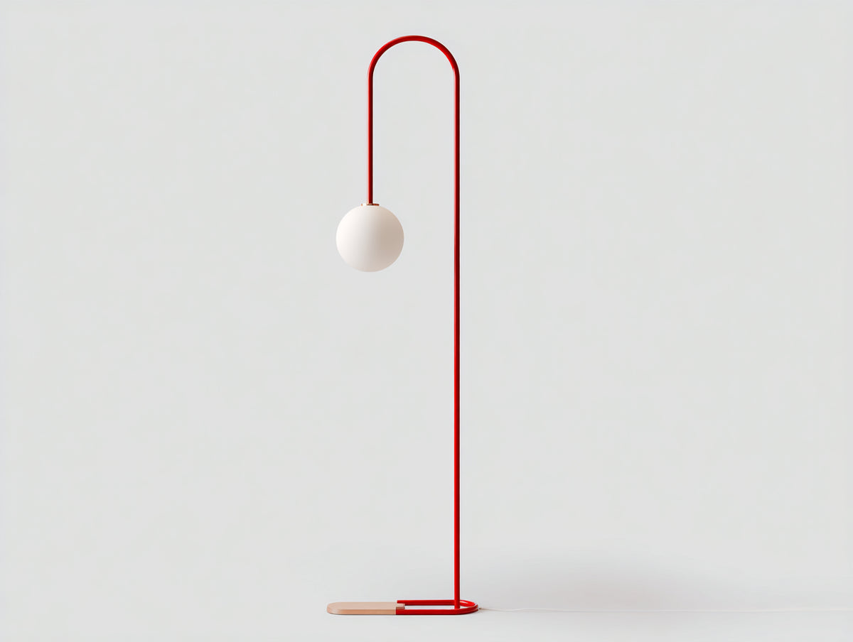 Lampada da scrivania 165×35×25 cm - metallo rosso e vetro bianco - stelo arcuato con globo sospeso per camera da letto
