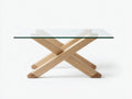 Tavolino da caffè 100×100×45 cm - vetro trasparente e legno chiaro - base incrociata geometrica per soggiorno