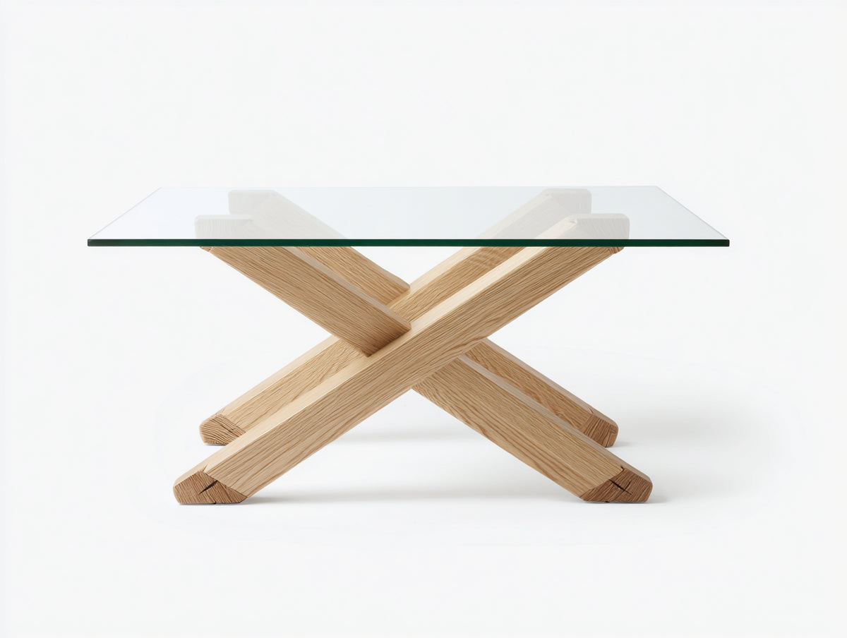 Tavolino da caffè 100×100×45 cm - vetro trasparente e legno chiaro - base incrociata geometrica per soggiorno