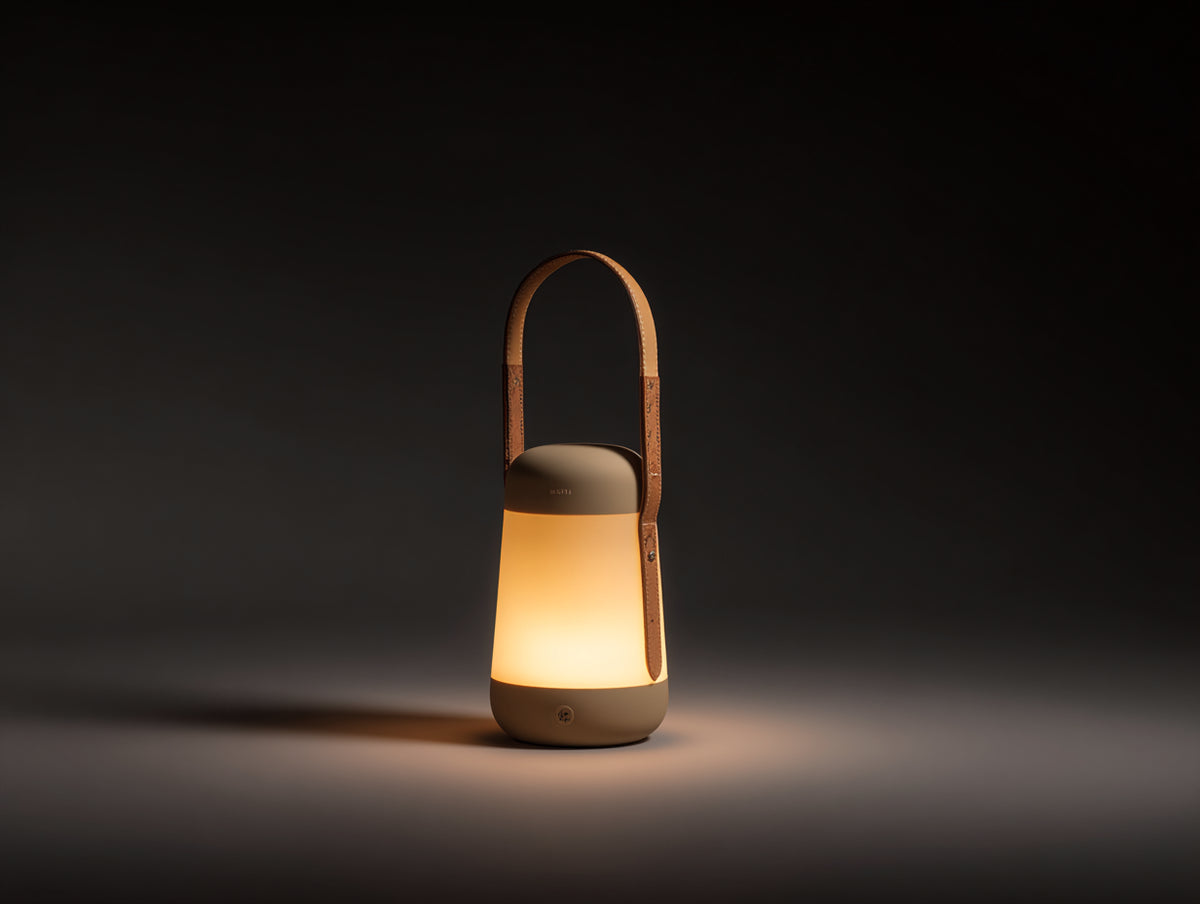 Lampada da scrivania 14×13×34 cm - diffusore crema e cinturino cuoio - illuminazione ambientale con maniglia alta per camera da letto