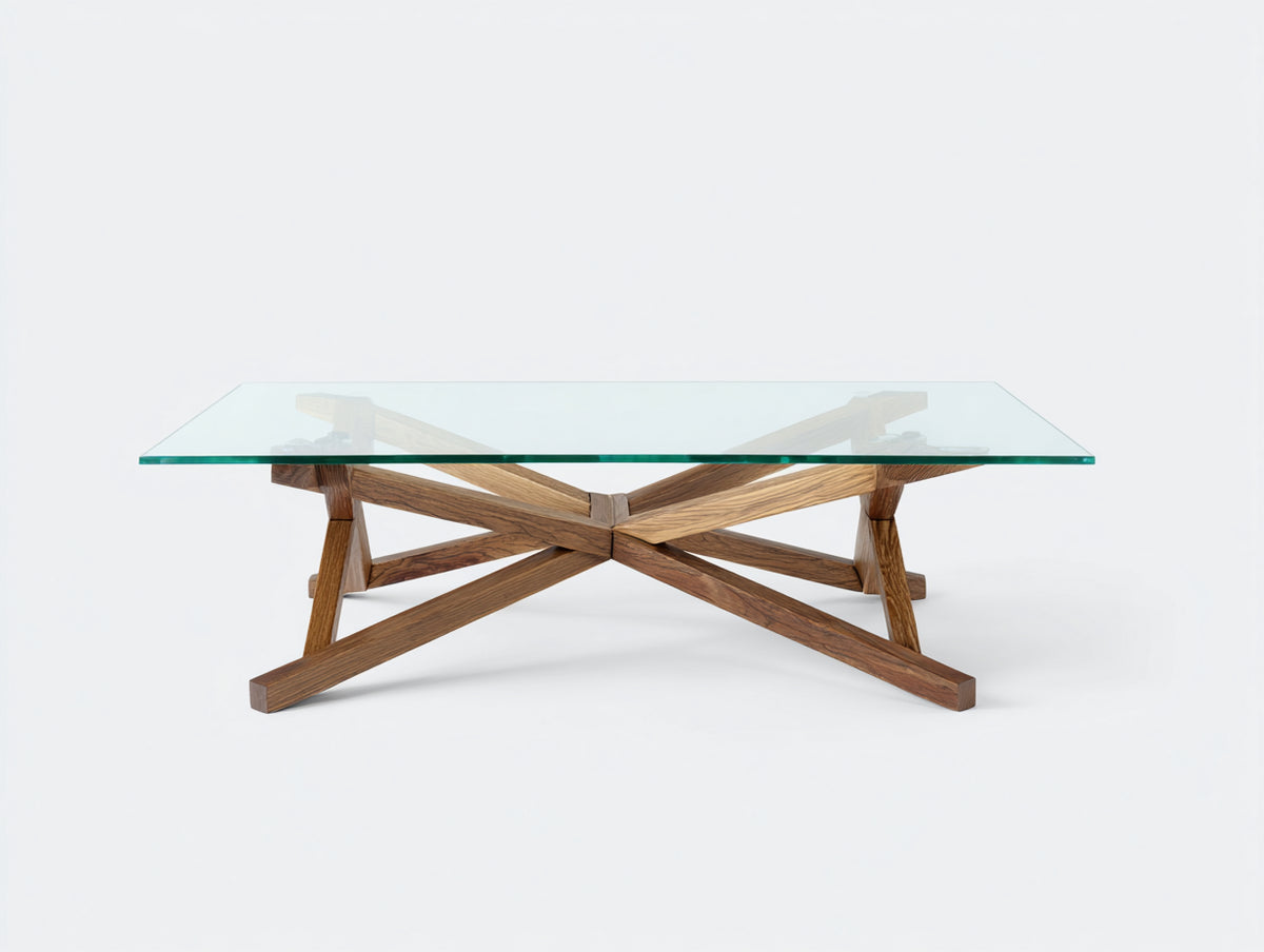 Tavolino da caffè 120×70×44 cm - vetro trasparente e legno noce - telaio radiale incrociato per soggiorno