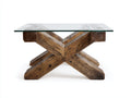 Tavolino da caffè 110×65×45 cm - legno rustico e vetro trasparente - base incrociata per soggiorno
