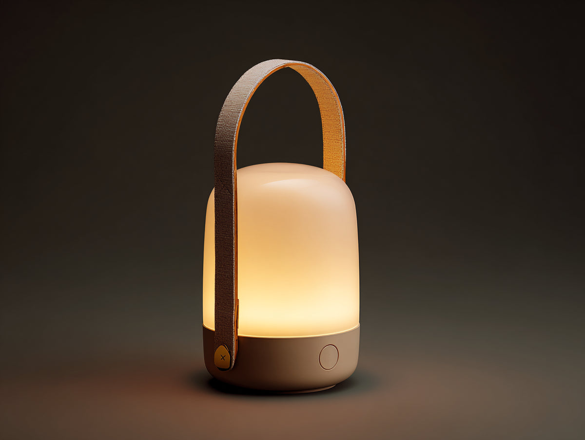 Lampada da scrivania 18×13×31 cm - corpo beige caldo e maniglia marrone - luce diffusa portatile per camera da letto