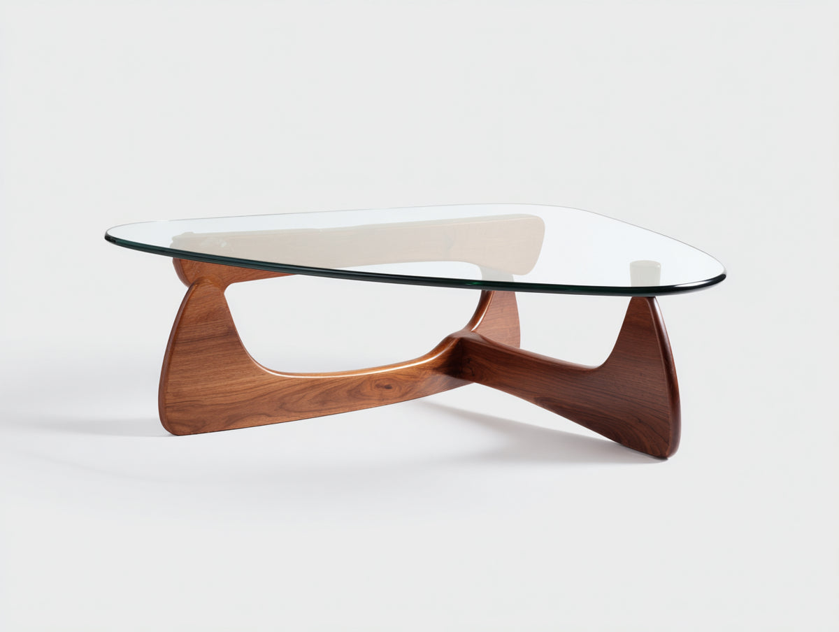 Tavolino da caffè 115×72×39 cm - vetro trasparente e legno noce naturale - base incrociata con aperture curve per soggiorno