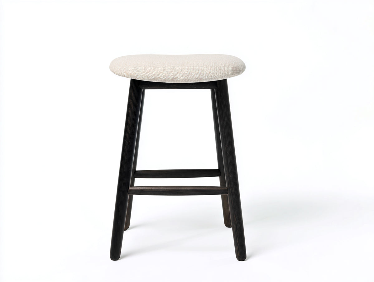 Pedale sgabello alto 43×40×72 cm - tessuto crema e legno nero - seduta imbottita con poggiapiedi per camera da letto