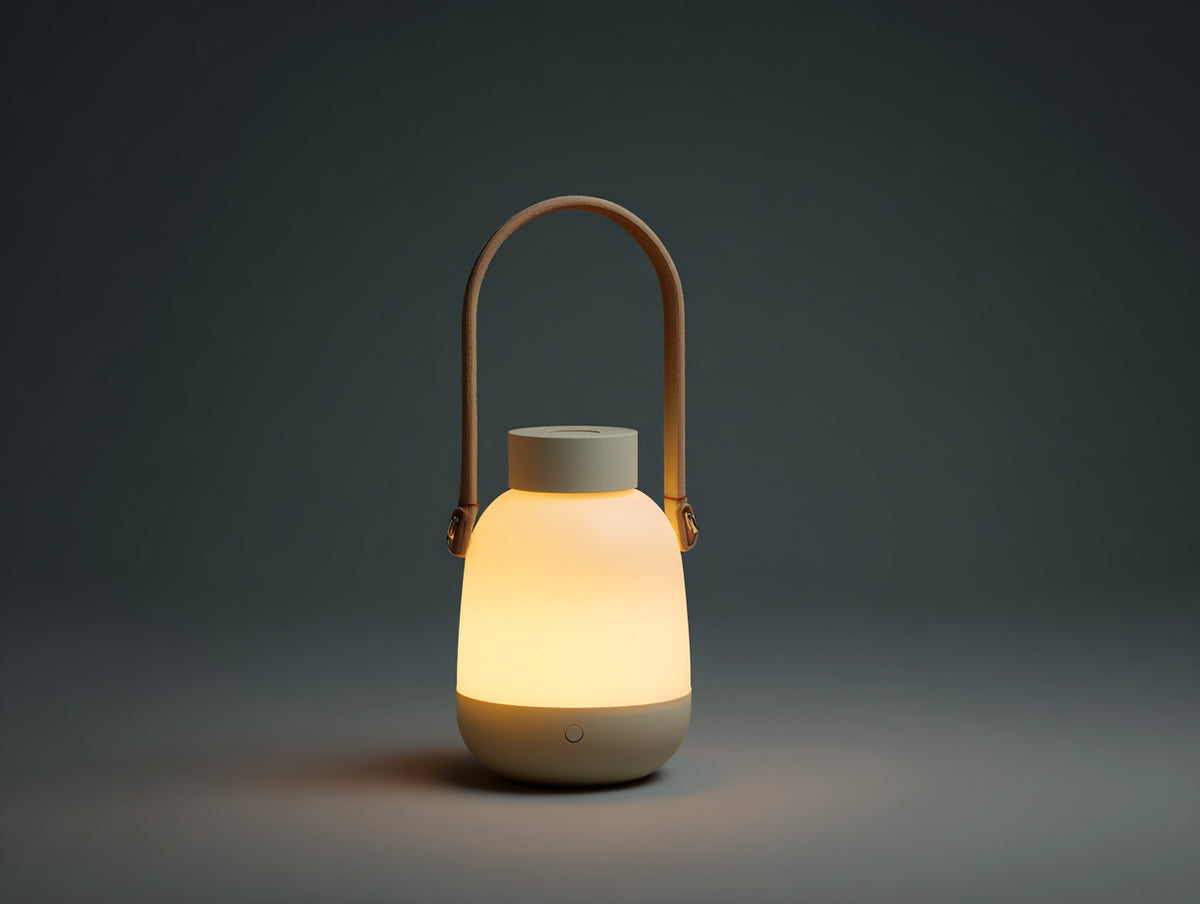 Lampada da scrivania portatile 18×18×31 cm - vetro satinato beige e cinturino in pelle marrone - luce diffusa per camera da letto