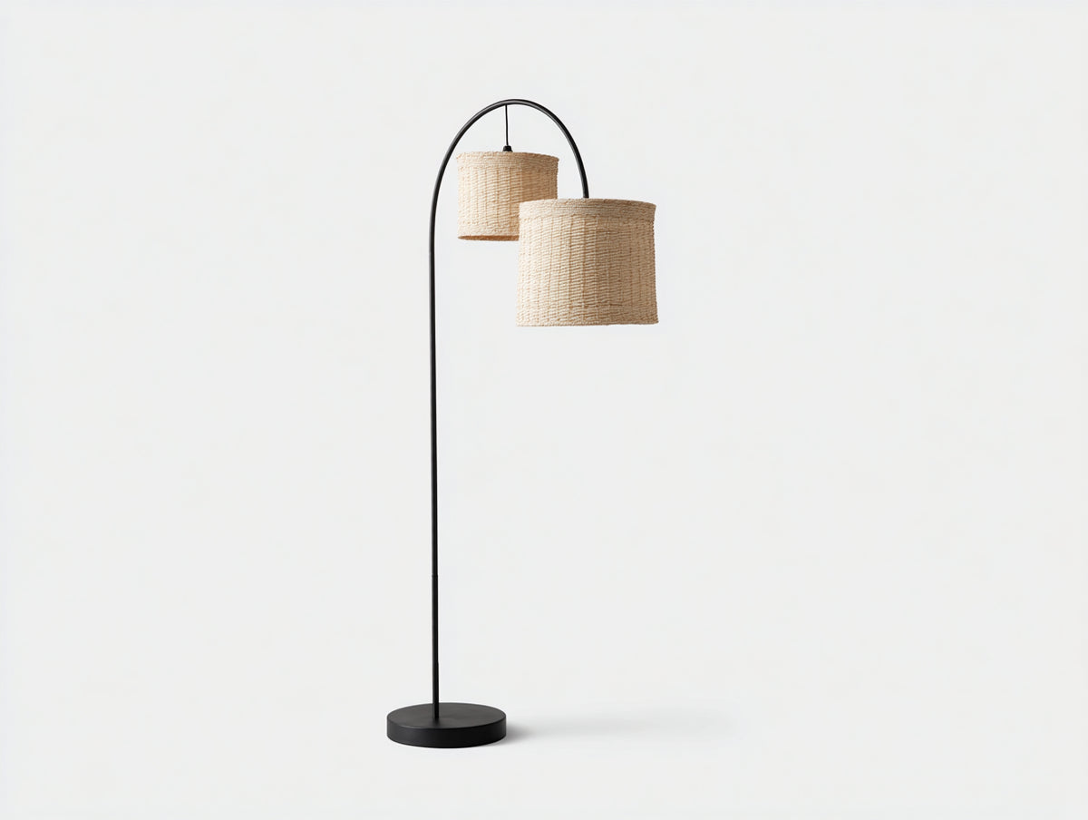 Lampada da scrivania ad arco 70×35×175 cm - metallo nero e fibra naturale beige - due paralumi sospesi per camera da letto