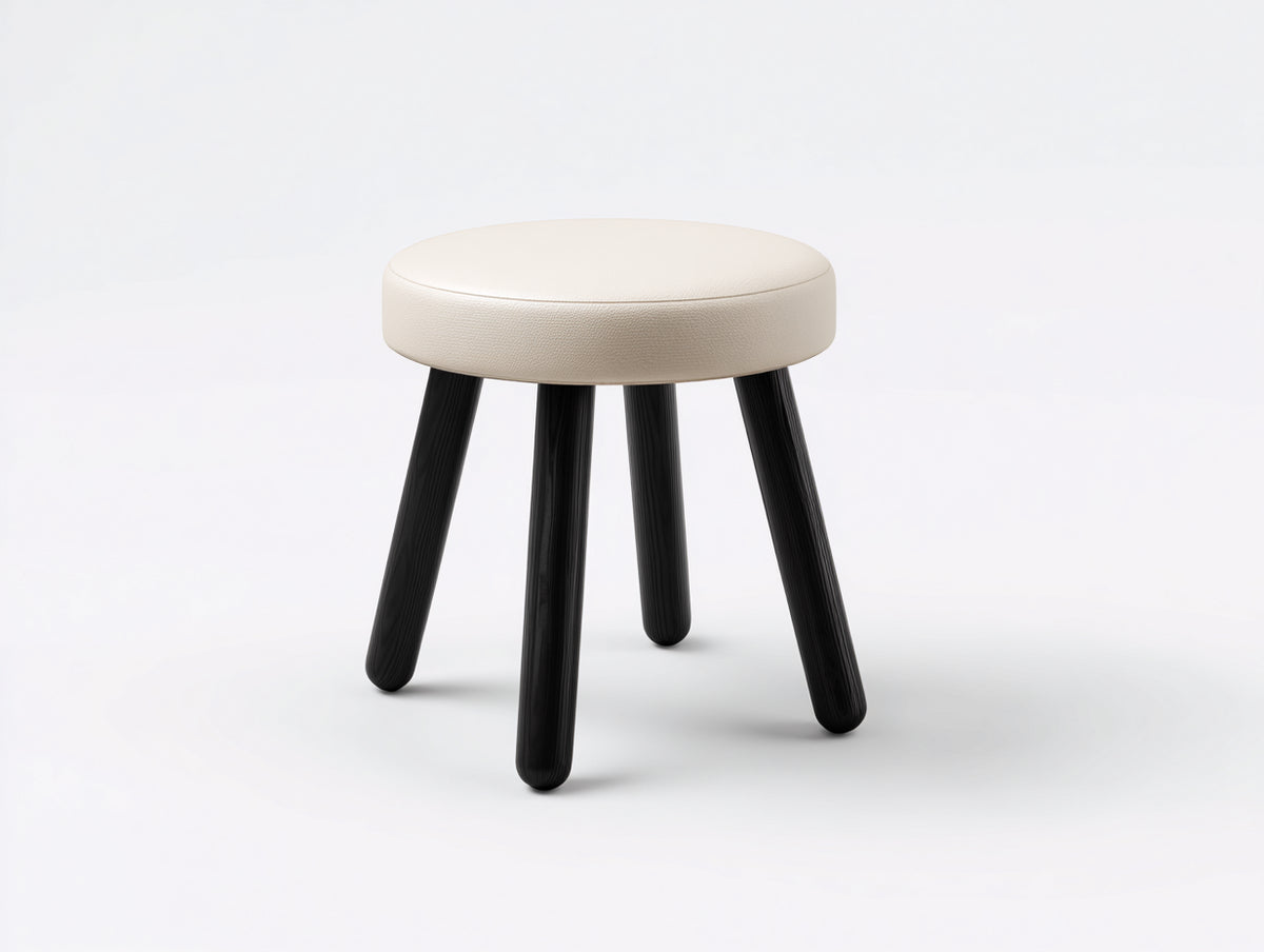 Pedale sgabello rotondo 44×44×46 cm - tessuto crema e legno nero - seduta imbottita con gambe inclinate per camera da letto