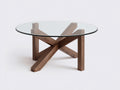Tavolino da caffè Ø90×45 cm - legno noce scuro e vetro trasparente - piano rotondo con base geometrica per soggiorno