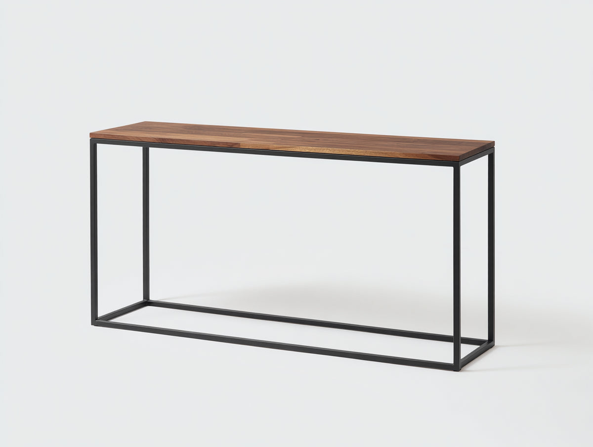 Console 130×35×80 cm - piano in legno noce e telaio in metallo nero - struttura aperta per camera da letto
