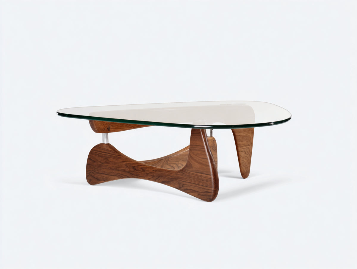Tavolino da caffè 120×75×42 cm - cristallo trasparente e legno noce - struttura incrociata dal profilo curvo per soggiorno
