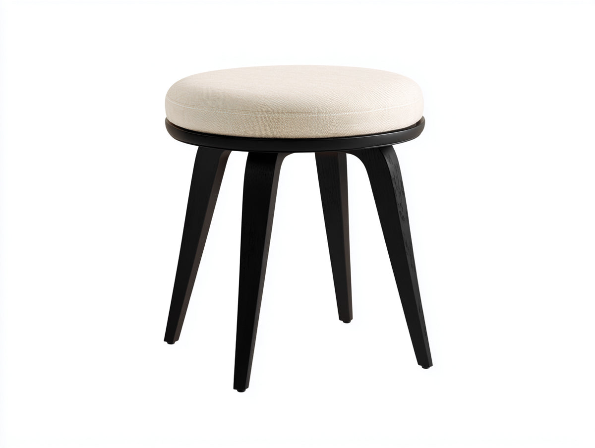 Pedale alto 44×44×55 cm - tessuto avorio e legno nero - seduta rotonda con quattro gambe affusolate per camera da letto